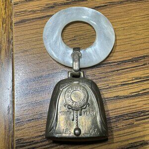 WEB Sterling Silver and Mother of Pearl Birth Announcement Teething Ring Rattle